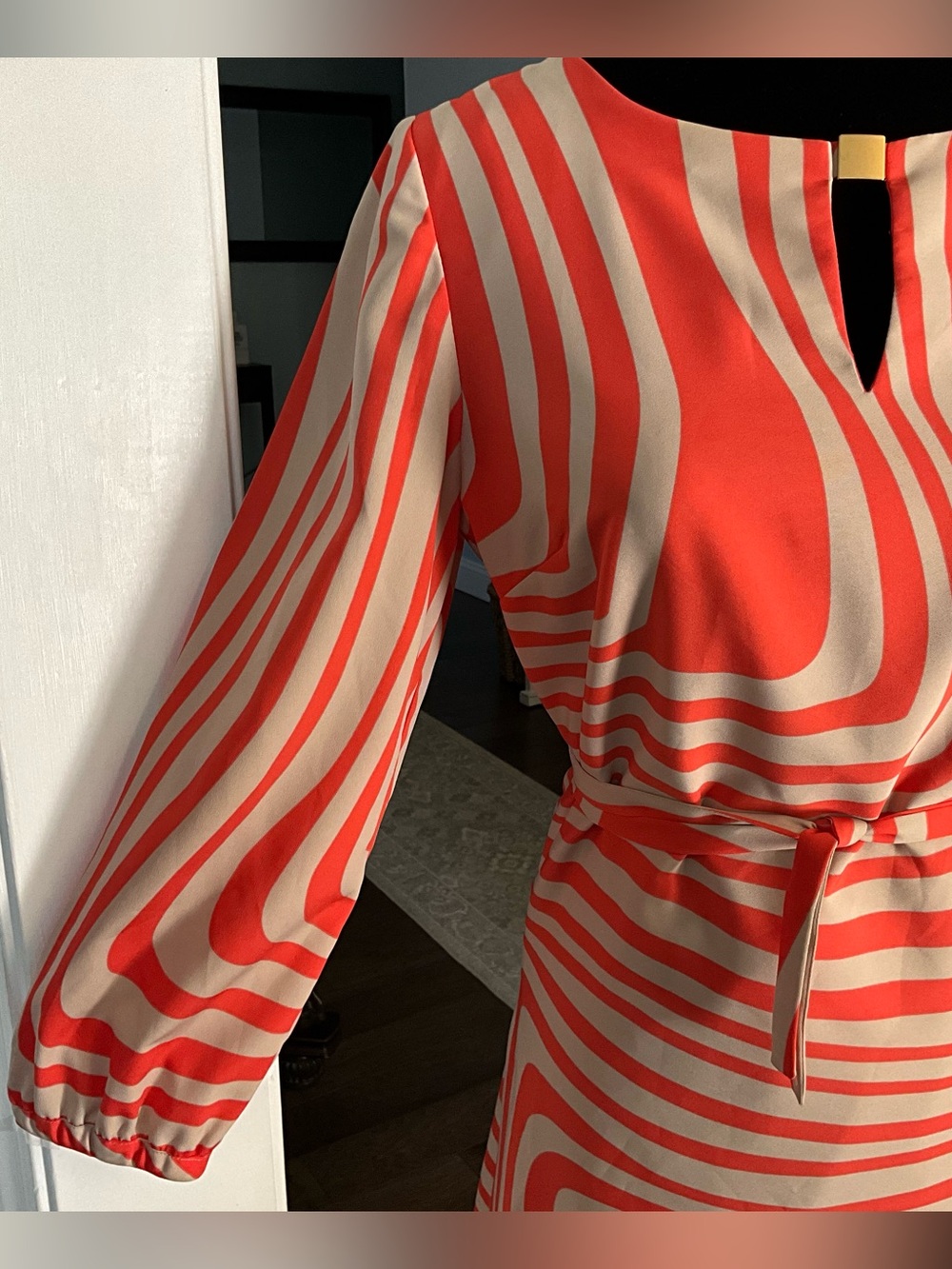 Size 6 Date Dress Tahari Orange Cream Long-Sleeve Mini Dress Work Dress - Picture 8 of 15